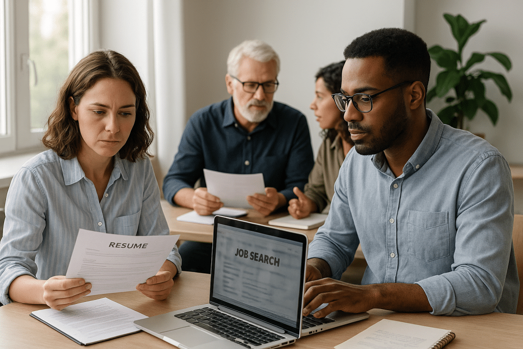Diverse adults keresnek munkalehetőséget modern coworking irodában.