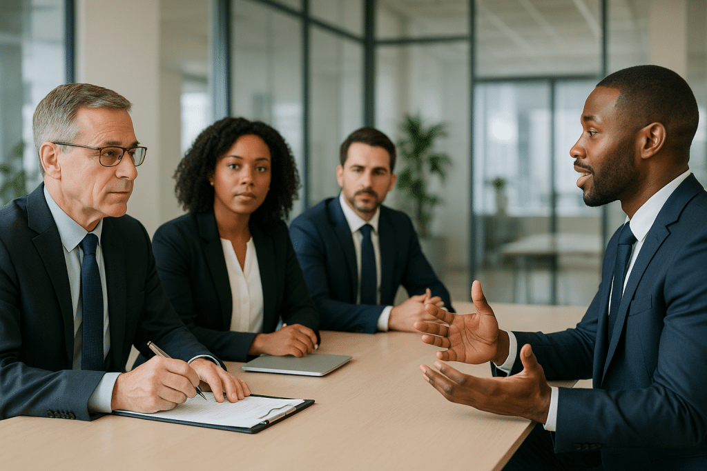 Viselkedésalapú interjún részt vevő üzleti szakemberek formális környezetben