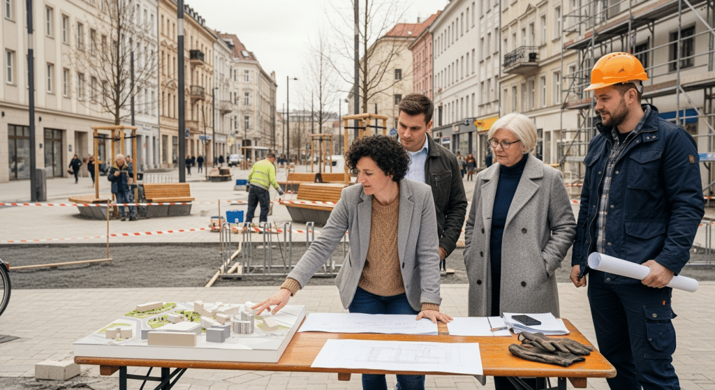Női várostervező bemutat komplex városfejlesztési elképzelések helyszíni megbeszélésen
