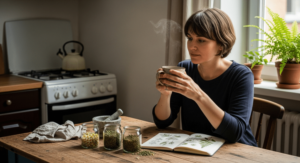 női ciklus: nő teával, gyógynövények és jegyzetek az asztalon