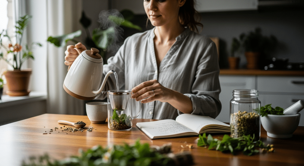 Nő készít gyógynövényteát az ovuláció támogatása céljából