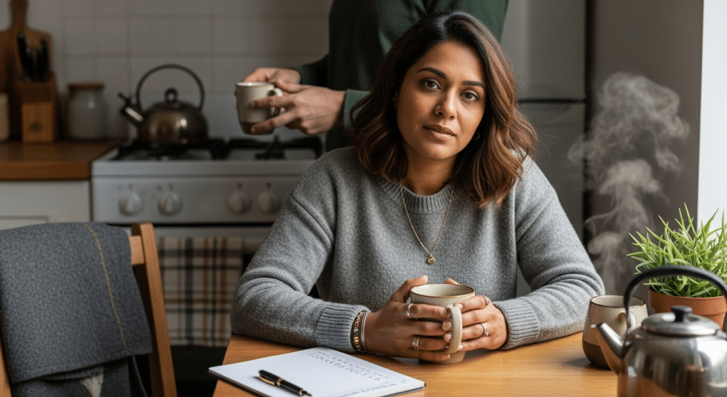 kortizol és női test vészjelző rendszere: fáradt nő teával, csendes támogatás