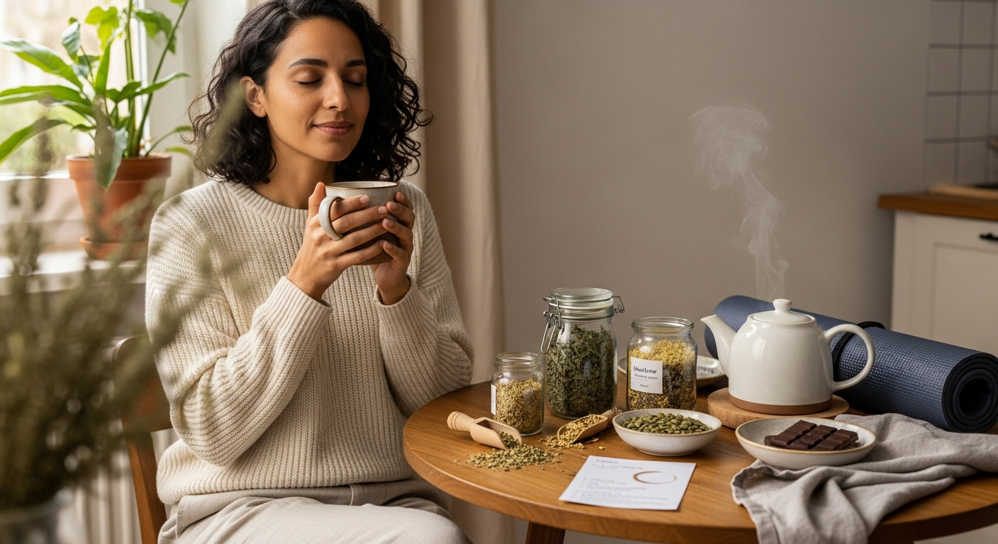 Harmincas nő teázik gyógynövényekkel a premenstruációs tünetek enyhítésére