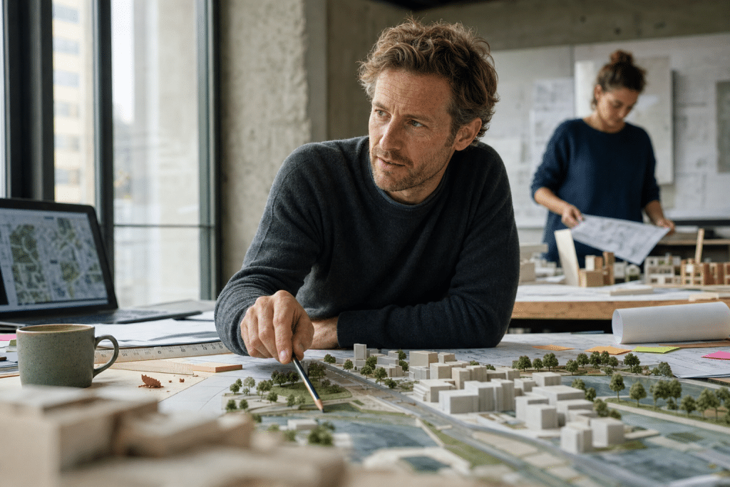 Fenntartható urbanizáció tervezése: szakember modellek és tervrajzok felett mutat