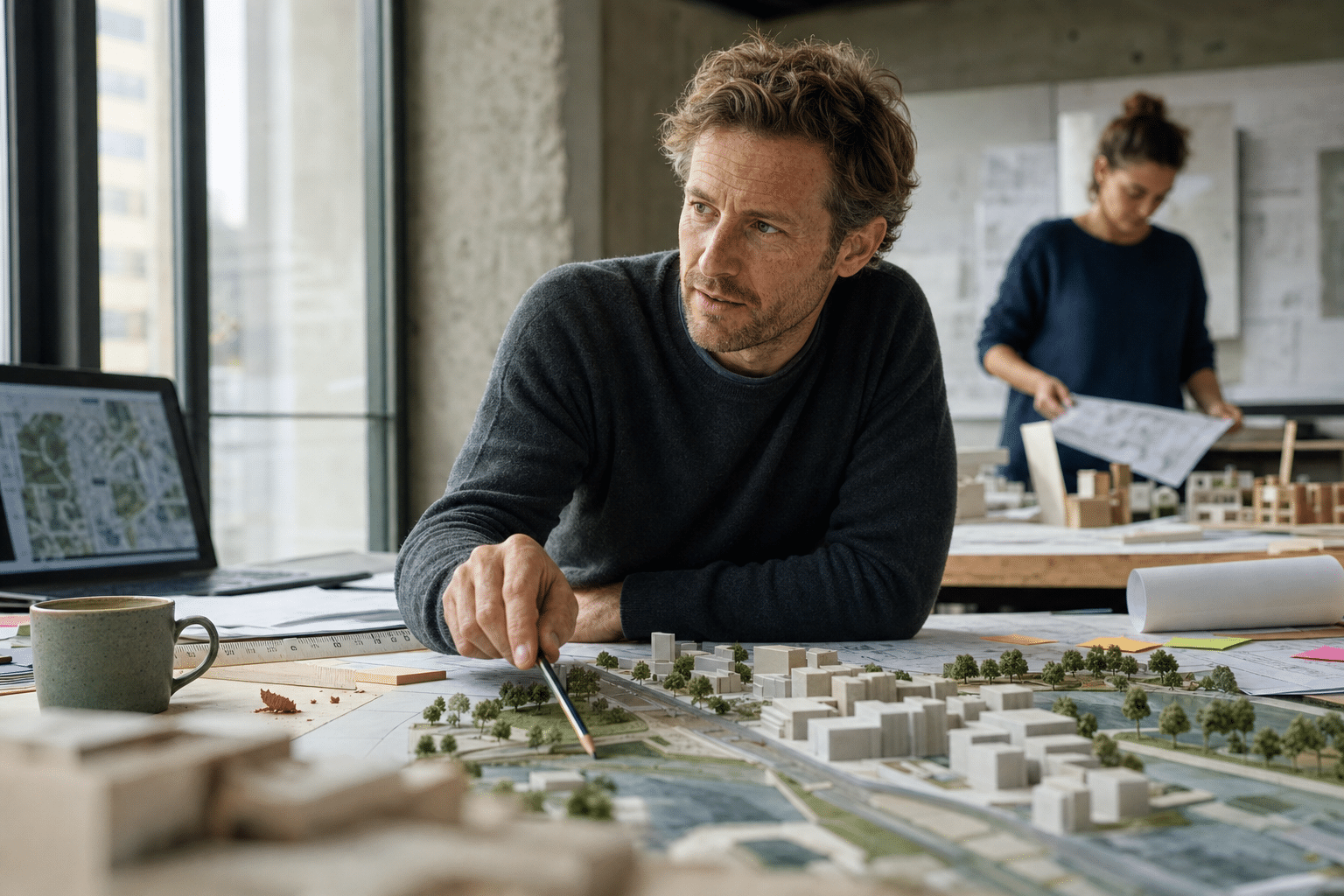 Fenntartható urbanizáció tervezése: szakember modellek és tervrajzok felett mutat