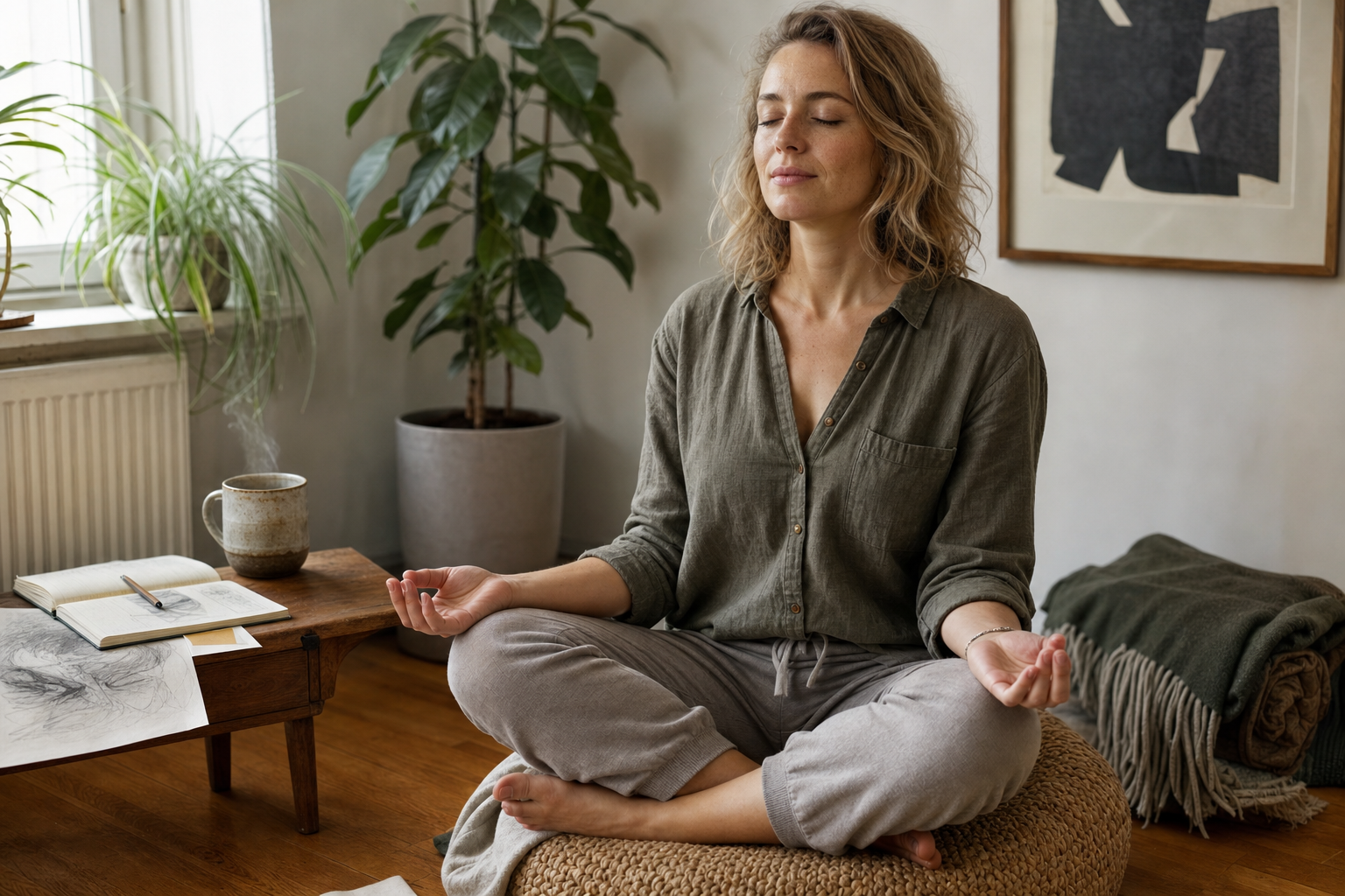Szőke nő autogén tréninget gyakorol keresztbe tett lábbal, meditáció